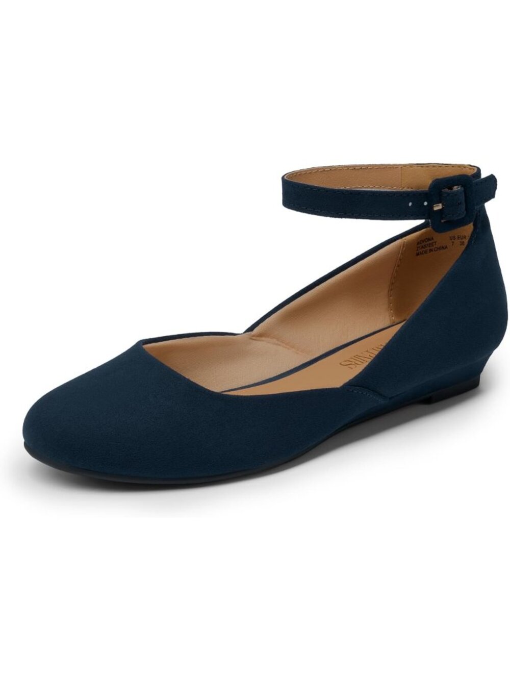 Women's Navy Suede Comfortable Ballet Low Wedge Round Toe Ankle Strap Flats